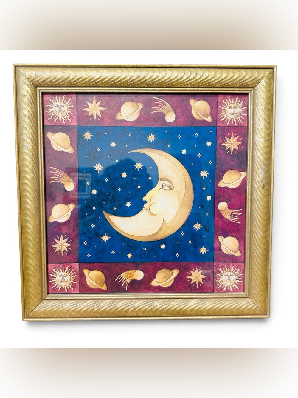 Rare Vintage 90s Mary Beth Zeitz Celestial Moon & Stars Framed Art 14.5 X 14.5"
